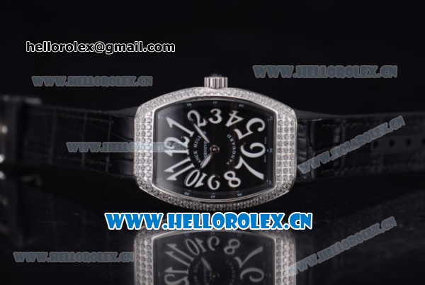 Franck Muller Black Croco Ronda 762 Quartz Steel Case with Black Dial Arabic Numeral Markers and Black Leather Strap Diamonds Bezel - Click Image to Close